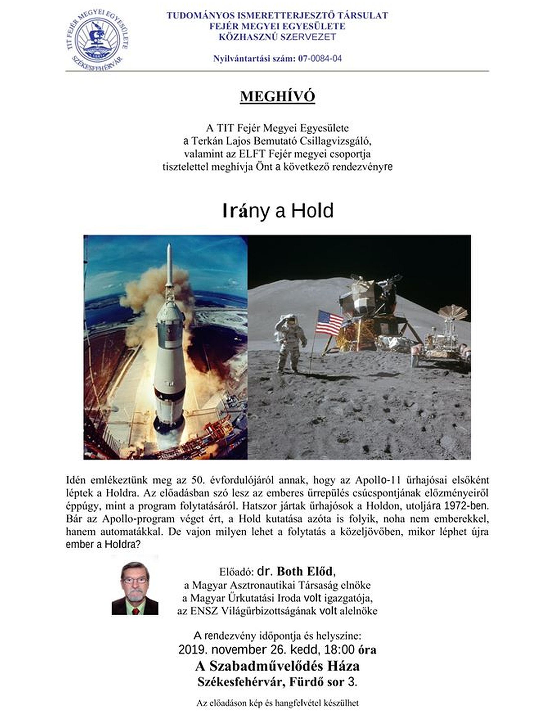 Irány a Hold! - dr. Both Előd előadása kedden A Szabadművelődés Házában